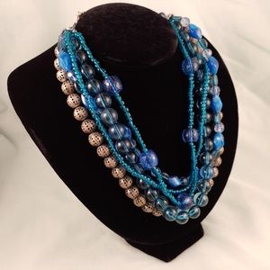 Multi-Strand Layered Beaded Necklace Blue Silver 5 Strands 15"-18"